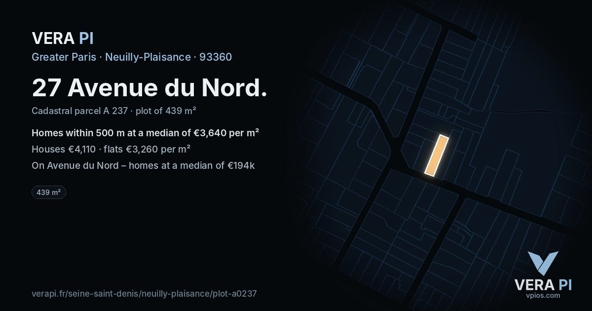 27 Avenue du Nord, Neuilly-Plaisance at night – the plot lit, the parcels around coloured by the prices near them