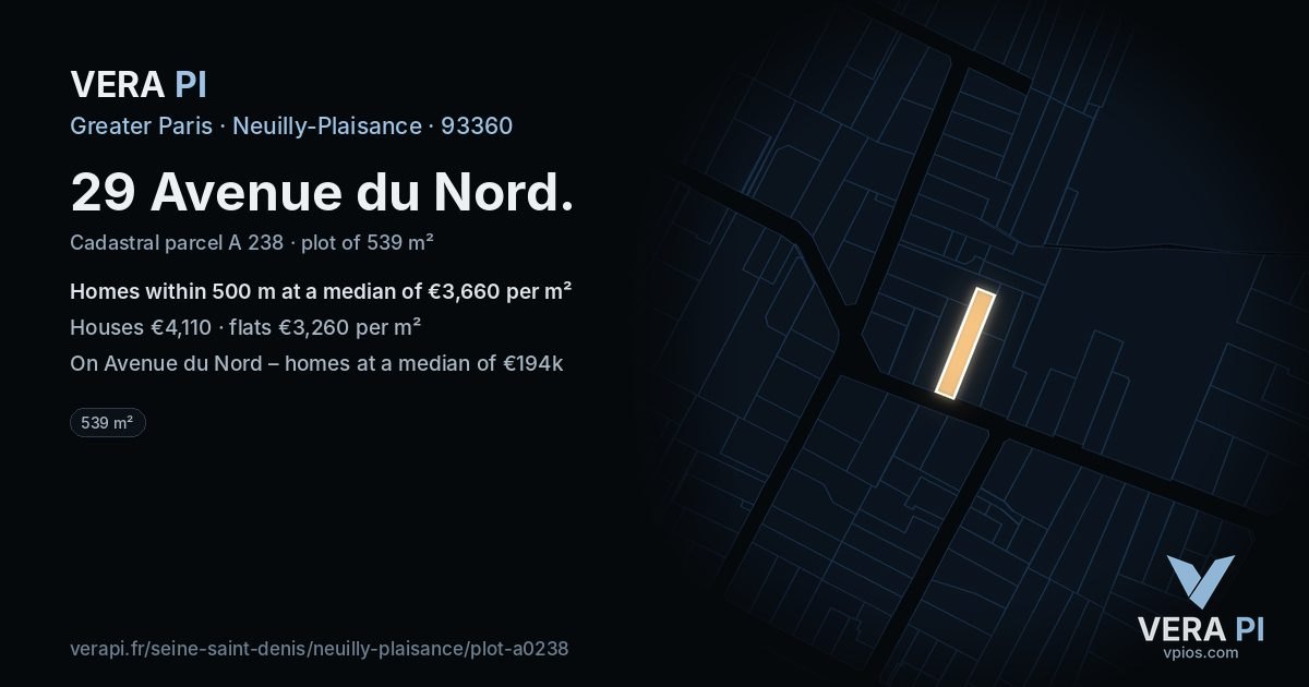 29 Avenue du Nord, Neuilly-Plaisance at night – the plot lit, the parcels around coloured by the prices near them