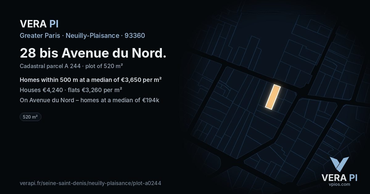 28 bis Avenue du Nord, Neuilly-Plaisance at night – the plot lit, the parcels around coloured by the prices near them