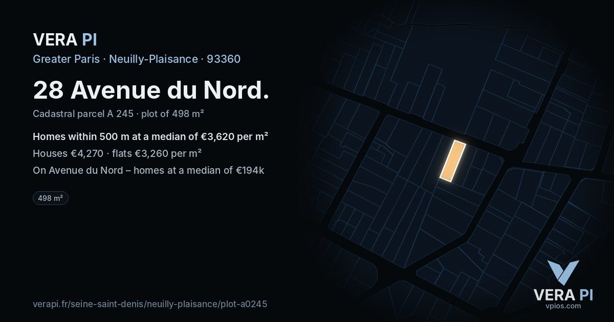 28 Avenue du Nord, Neuilly-Plaisance at night – the plot lit, the parcels around coloured by the prices near them