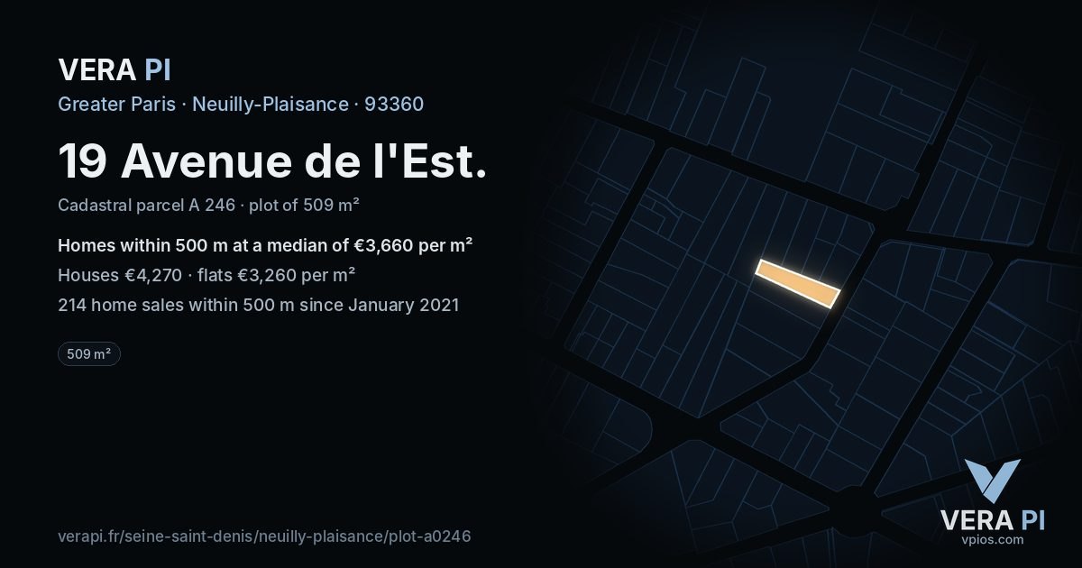 19 Avenue de l'Est, Neuilly-Plaisance at night – the plot lit, the parcels around coloured by the prices near them
