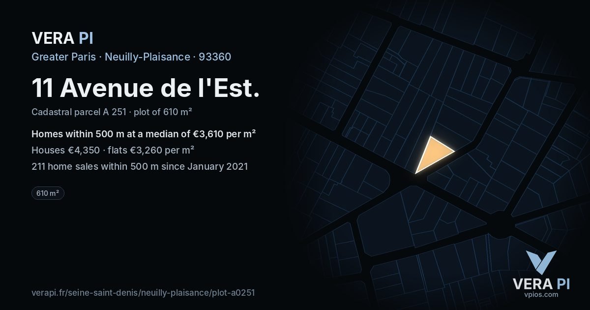 11 Avenue de l'Est, Neuilly-Plaisance at night – the plot lit, the parcels around coloured by the prices near them