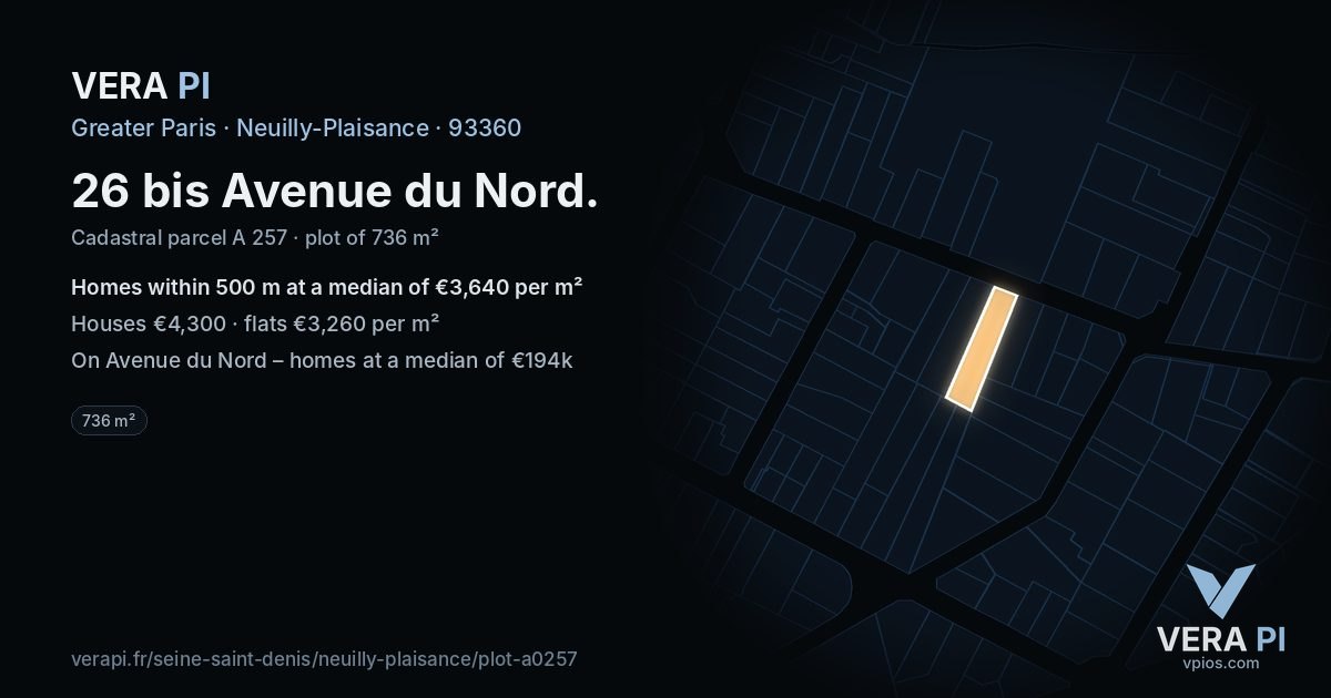 26 bis Avenue du Nord, Neuilly-Plaisance at night – the plot lit, the parcels around coloured by the prices near them