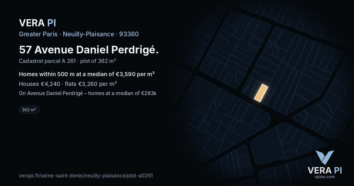 57 Avenue Daniel Perdrigé, Neuilly-Plaisance at night – the plot lit, the parcels around coloured by the prices near them