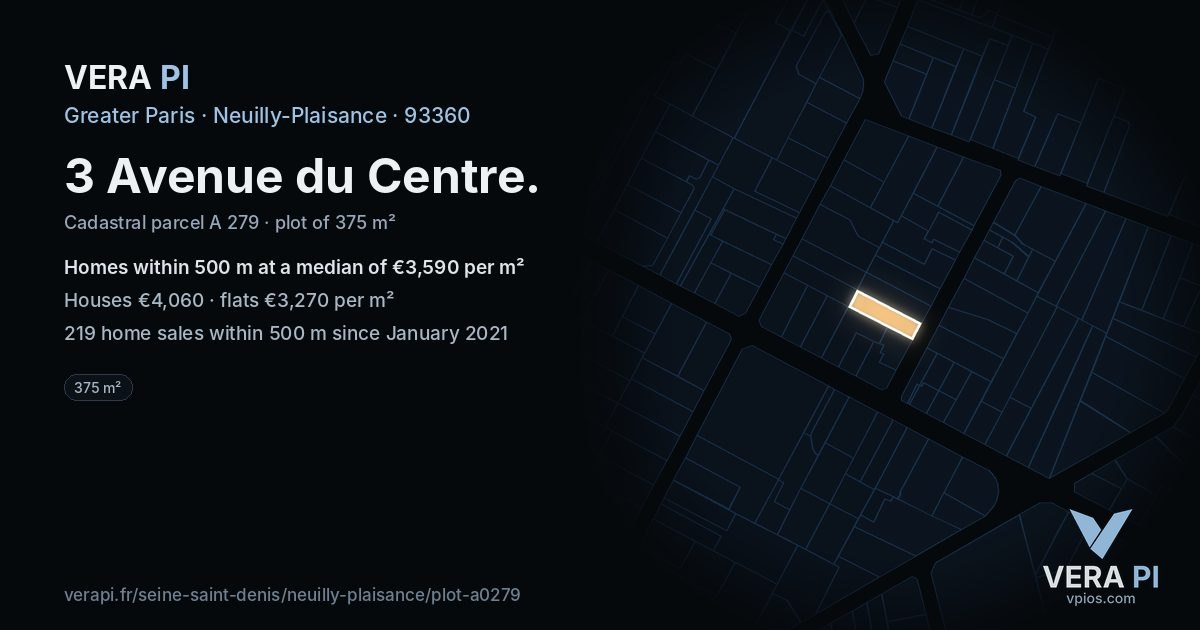 3 Avenue du Centre, Neuilly-Plaisance at night – the plot lit, the parcels around coloured by the prices near them