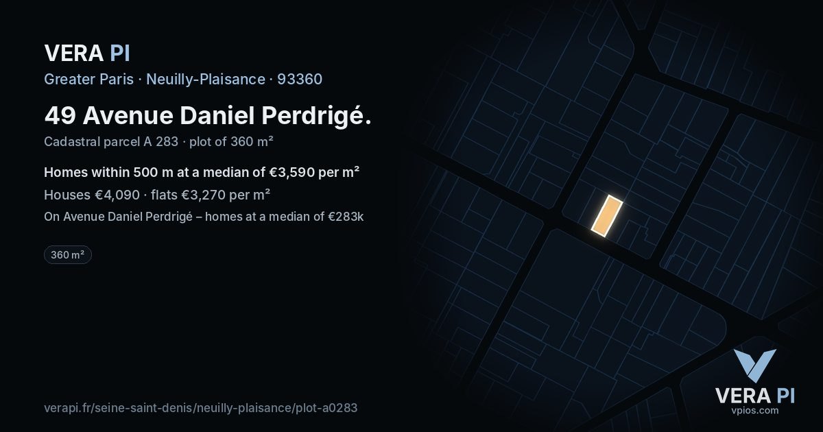 49 Avenue Daniel Perdrigé, Neuilly-Plaisance at night – the plot lit, the parcels around coloured by the prices near them