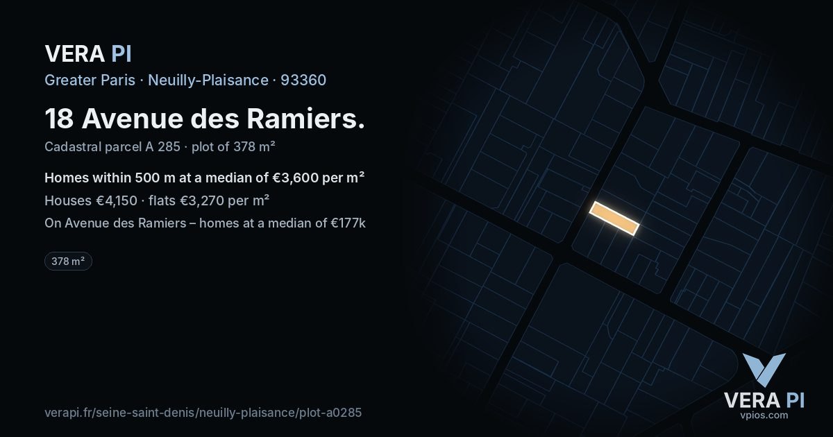 18 Avenue des Ramiers, Neuilly-Plaisance at night – the plot lit, the parcels around coloured by the prices near them