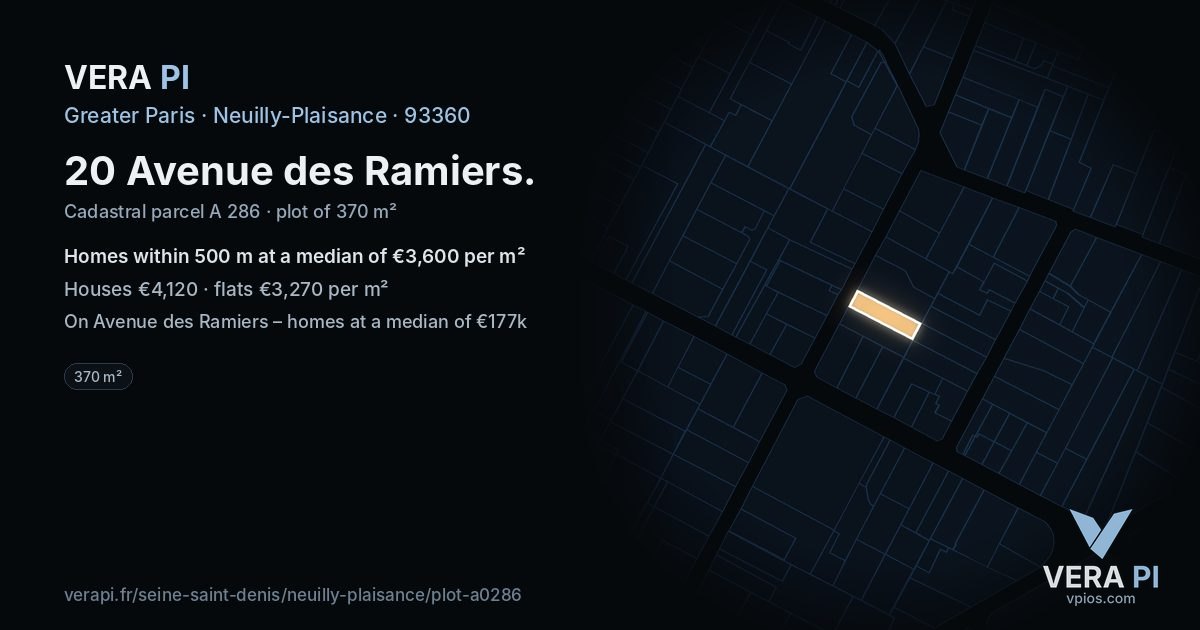 20 Avenue des Ramiers, Neuilly-Plaisance at night – the plot lit, the parcels around coloured by the prices near them