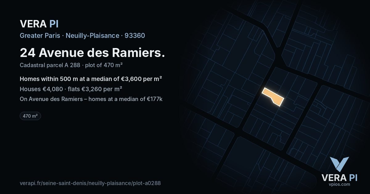 24 Avenue des Ramiers, Neuilly-Plaisance at night – the plot lit, the parcels around coloured by the prices near them