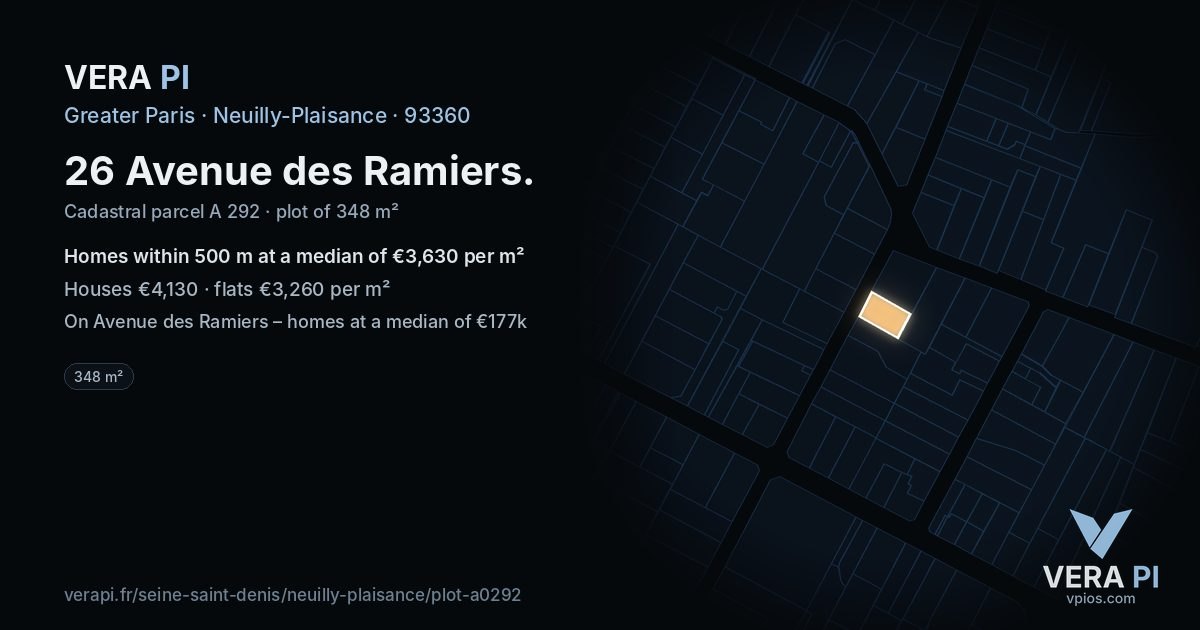 26 Avenue des Ramiers, Neuilly-Plaisance at night – the plot lit, the parcels around coloured by the prices near them