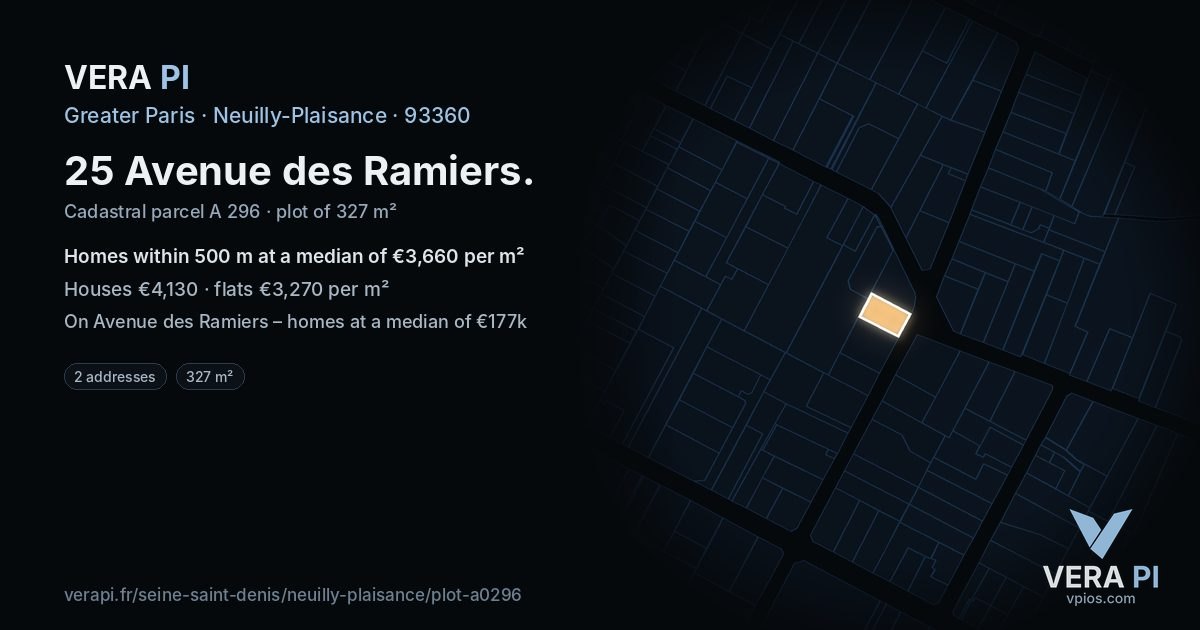25 Avenue des Ramiers, Neuilly-Plaisance at night – the plot lit, the parcels around coloured by the prices near them