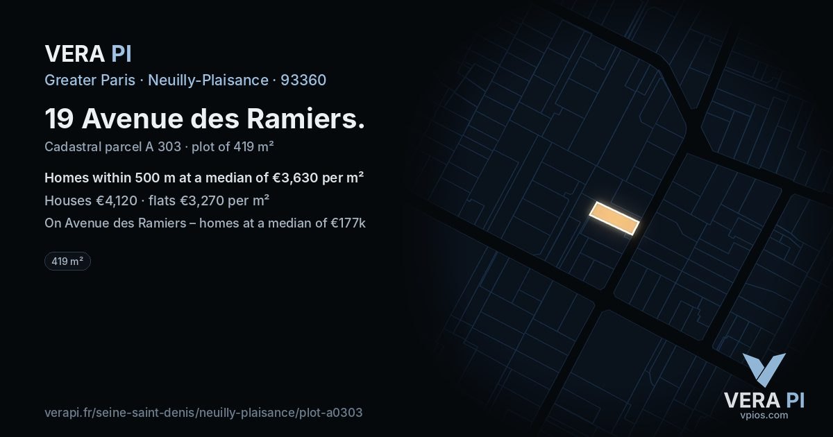 19 Avenue des Ramiers, Neuilly-Plaisance at night – the plot lit, the parcels around coloured by the prices near them