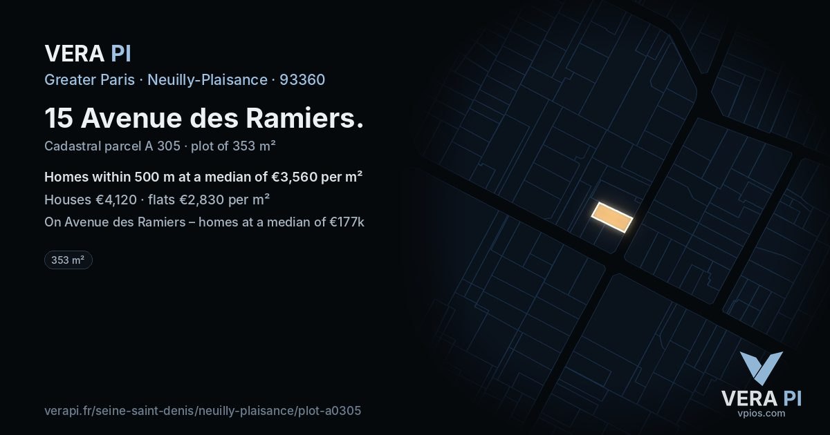 15 Avenue des Ramiers, Neuilly-Plaisance at night – the plot lit, the parcels around coloured by the prices near them