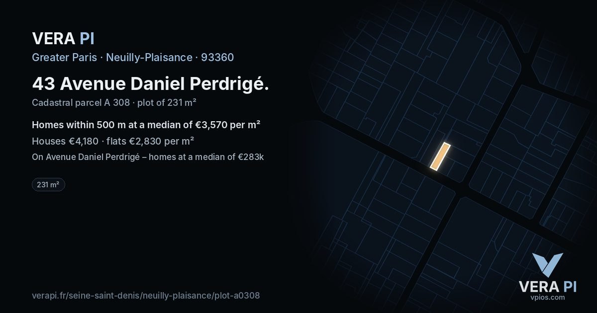 43 Avenue Daniel Perdrigé, Neuilly-Plaisance at night – the plot lit, the parcels around coloured by the prices near them