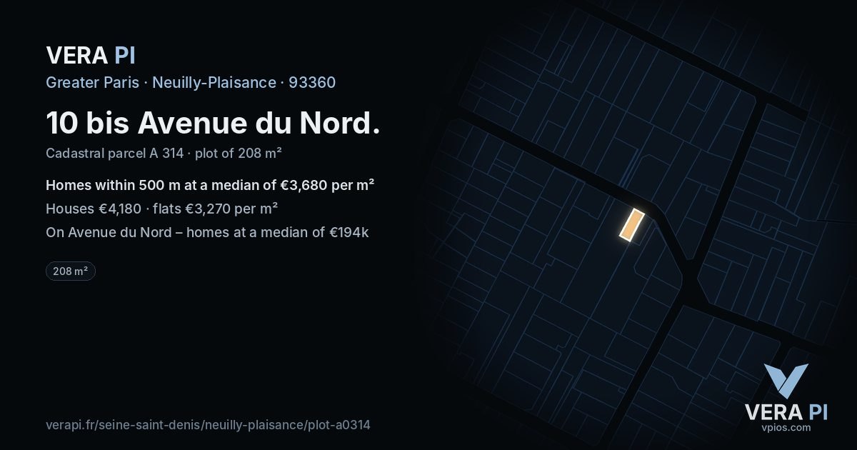 10 bis Avenue du Nord, Neuilly-Plaisance at night – the plot lit, the parcels around coloured by the prices near them