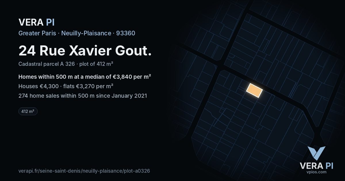 24 Rue Xavier Gout, Neuilly-Plaisance at night – the plot lit, the parcels around coloured by the prices near them