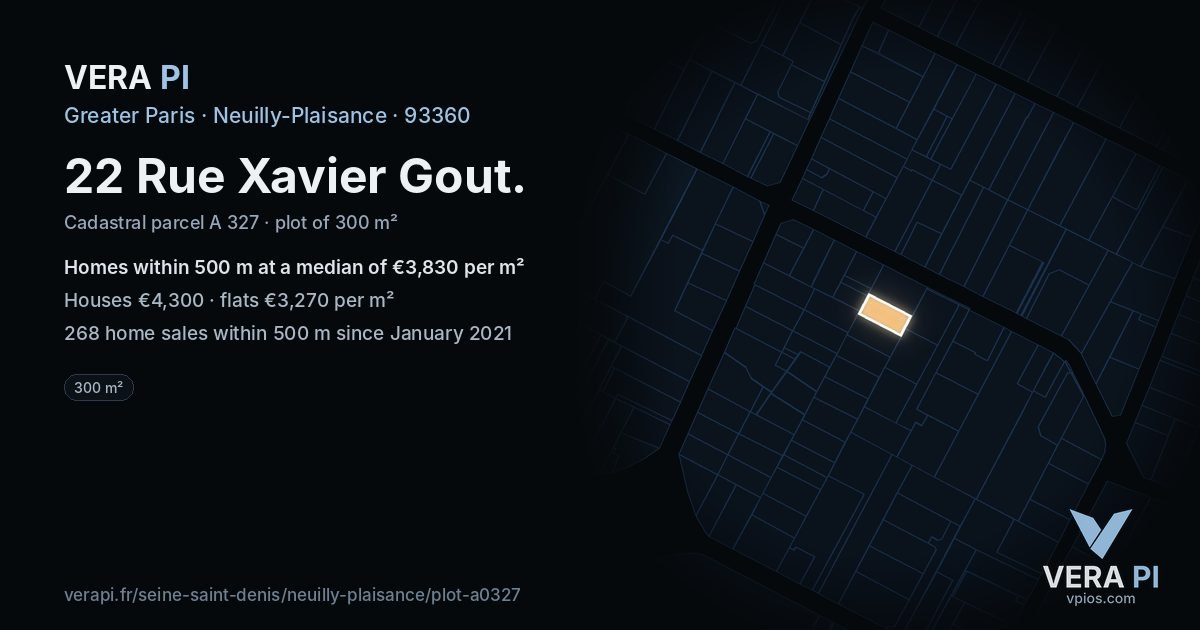 22 Rue Xavier Gout, Neuilly-Plaisance at night – the plot lit, the parcels around coloured by the prices near them