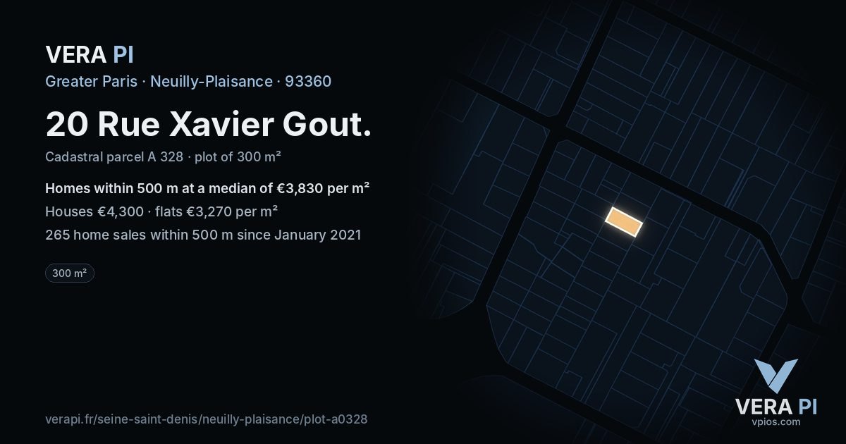 20 Rue Xavier Gout, Neuilly-Plaisance at night – the plot lit, the parcels around coloured by the prices near them