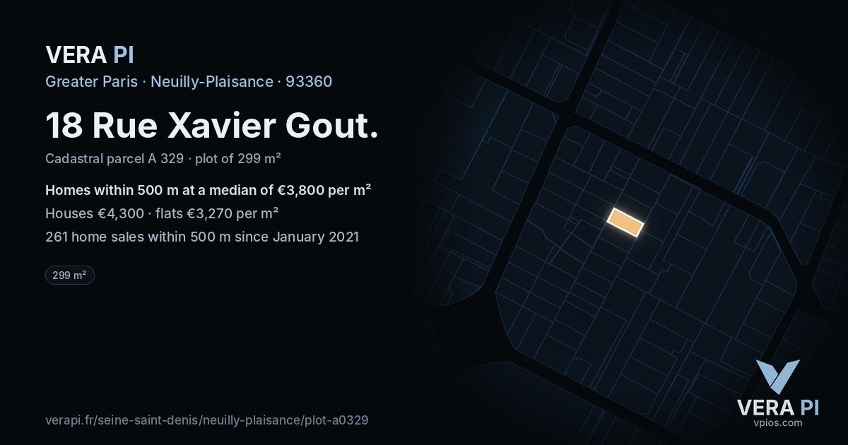 18 Rue Xavier Gout, Neuilly-Plaisance at night – the plot lit, the parcels around coloured by the prices near them