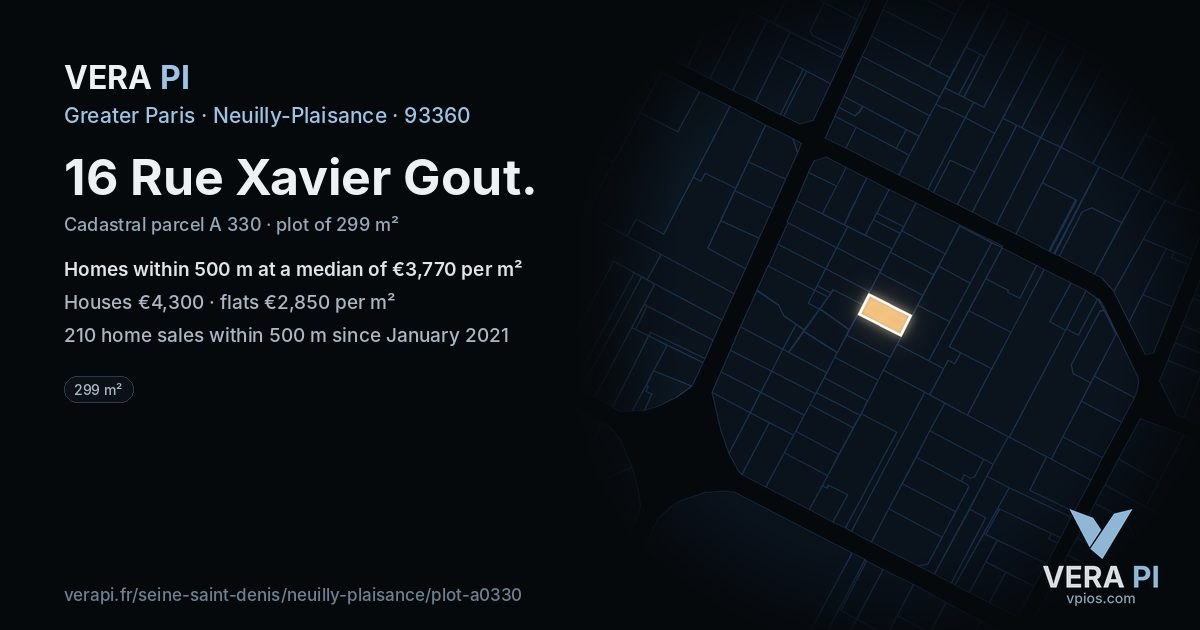 16 Rue Xavier Gout, Neuilly-Plaisance at night – the plot lit, the parcels around coloured by the prices near them