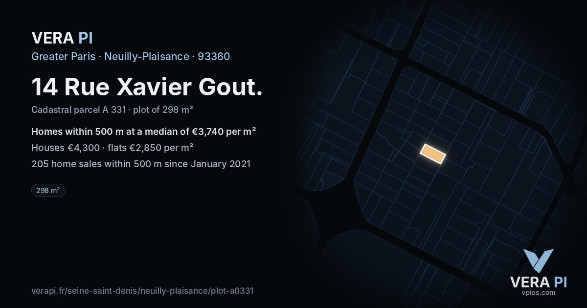 14 Rue Xavier Gout, Neuilly-Plaisance at night – the plot lit, the parcels around coloured by the prices near them