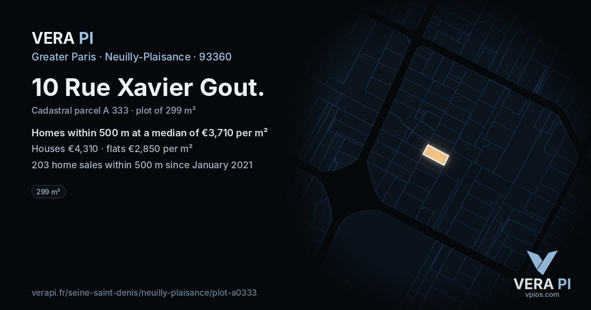 10 Rue Xavier Gout, Neuilly-Plaisance at night – the plot lit, the parcels around coloured by the prices near them