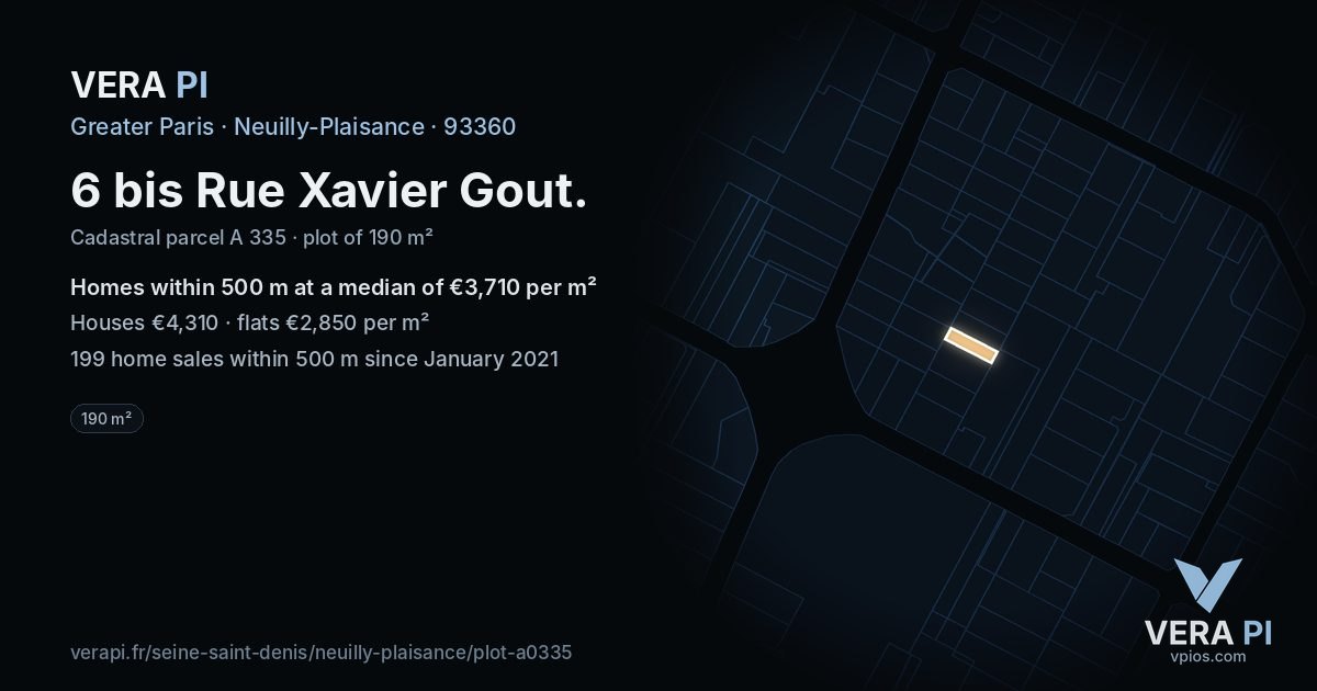 6 bis Rue Xavier Gout, Neuilly-Plaisance at night – the plot lit, the parcels around coloured by the prices near them