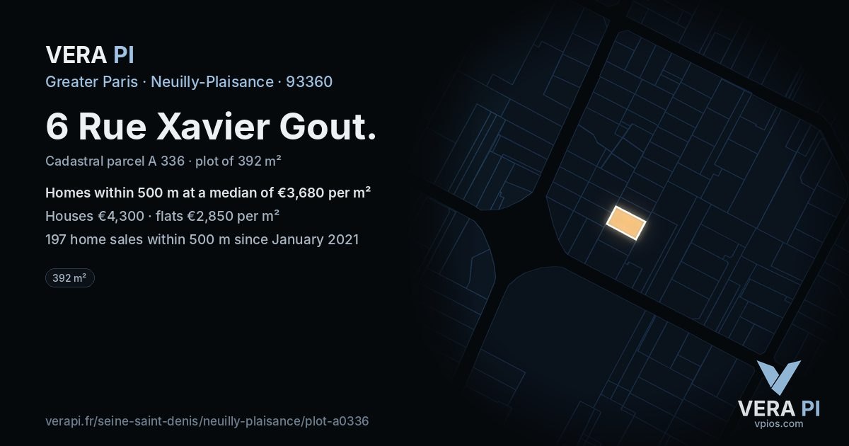 6 Rue Xavier Gout, Neuilly-Plaisance at night – the plot lit, the parcels around coloured by the prices near them