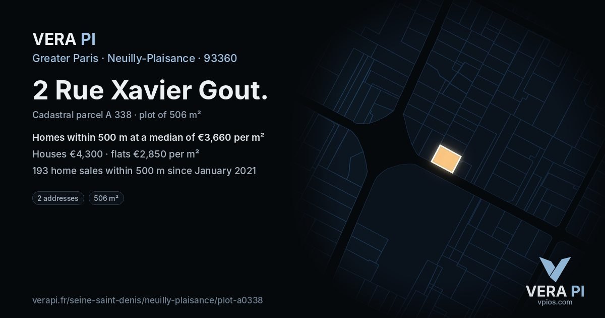 2 Rue Xavier Gout, Neuilly-Plaisance at night – the plot lit, the parcels around coloured by the prices near them