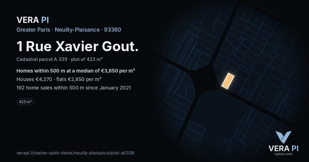 1 Rue Xavier Gout, Neuilly-Plaisance at night – the plot lit, the parcels around coloured by the prices near them