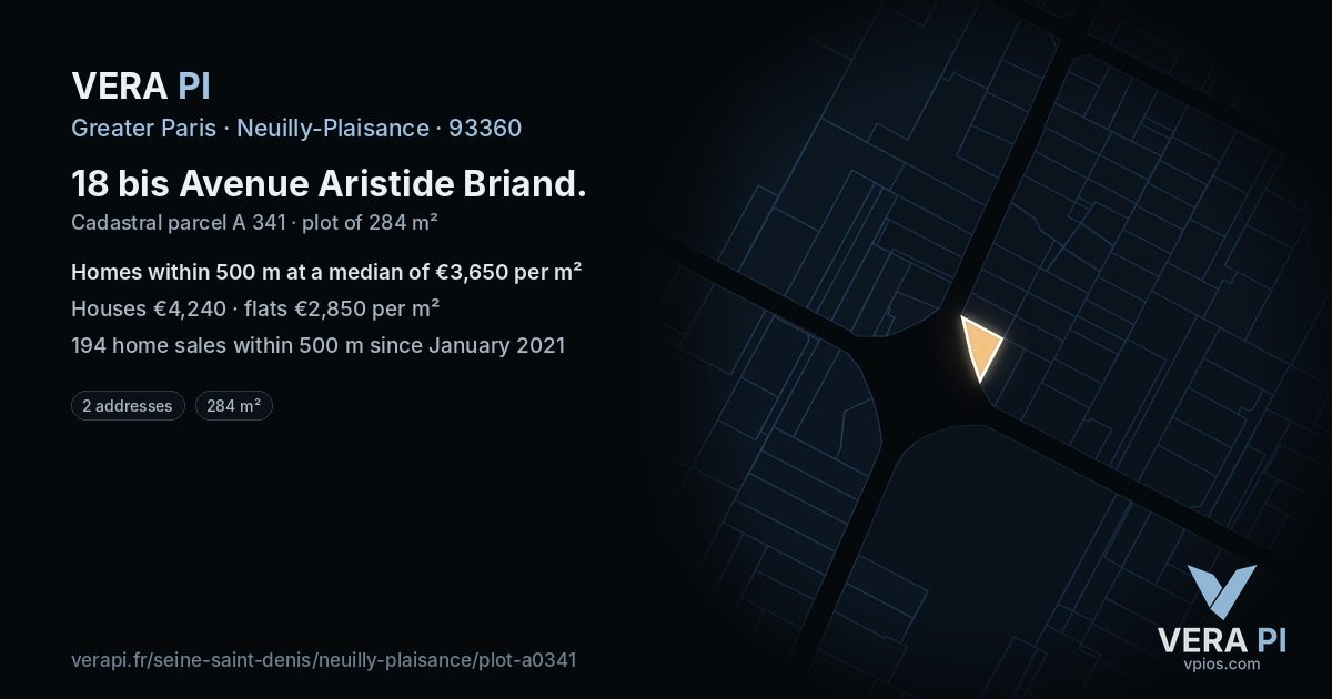18 bis Avenue Aristide Briand, Neuilly-Plaisance at night – the plot lit, the parcels around coloured by the prices near them