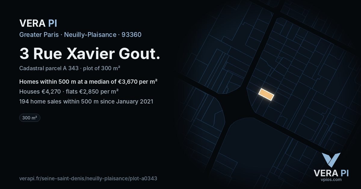3 Rue Xavier Gout, Neuilly-Plaisance at night – the plot lit, the parcels around coloured by the prices near them