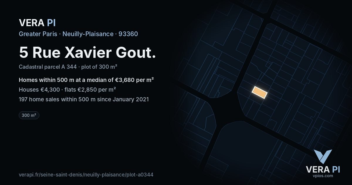 5 Rue Xavier Gout, Neuilly-Plaisance at night – the plot lit, the parcels around coloured by the prices near them