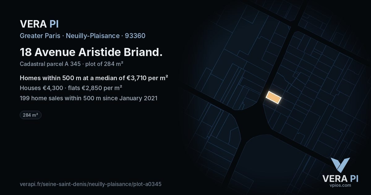 18 Avenue Aristide Briand, Neuilly-Plaisance at night – the plot lit, the parcels around coloured by the prices near them