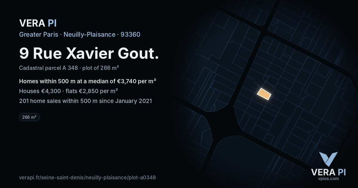 9 Rue Xavier Gout, Neuilly-Plaisance at night – the plot lit, the parcels around coloured by the prices near them