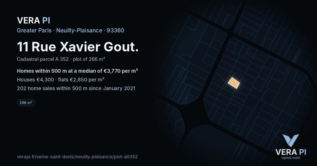 11 Rue Xavier Gout, Neuilly-Plaisance at night – the plot lit, the parcels around coloured by the prices near them