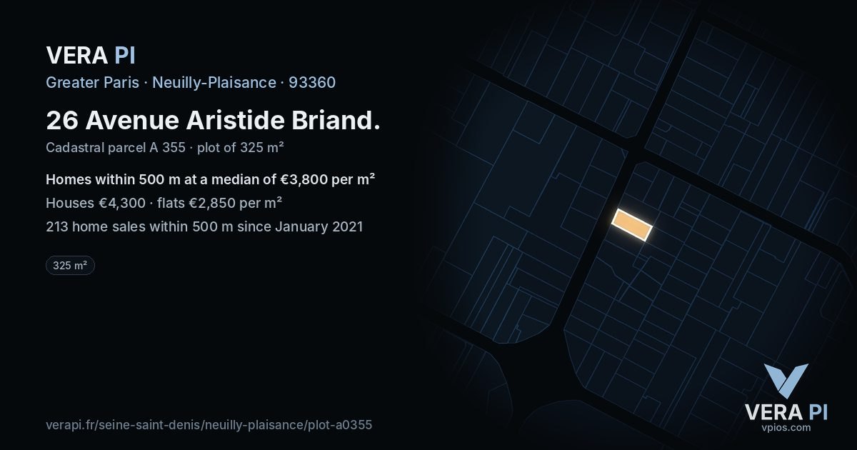 26 Avenue Aristide Briand, Neuilly-Plaisance at night – the plot lit, the parcels around coloured by the prices near them