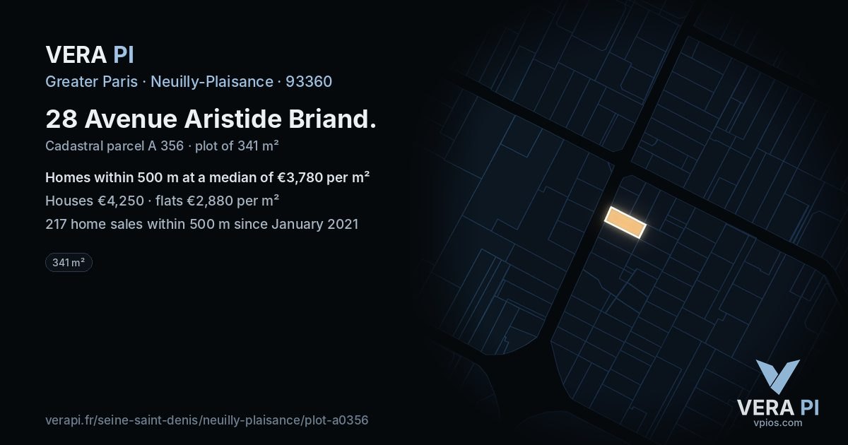 28 Avenue Aristide Briand, Neuilly-Plaisance at night – the plot lit, the parcels around coloured by the prices near them