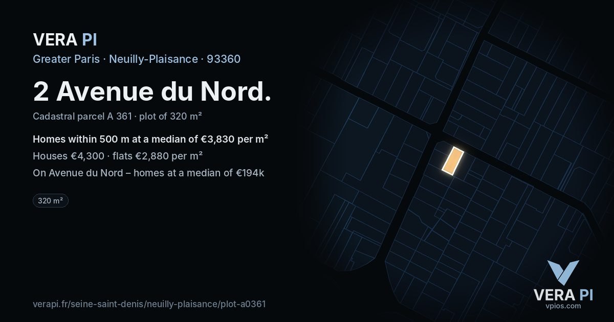 2 Avenue du Nord, Neuilly-Plaisance at night – the plot lit, the parcels around coloured by the prices near them