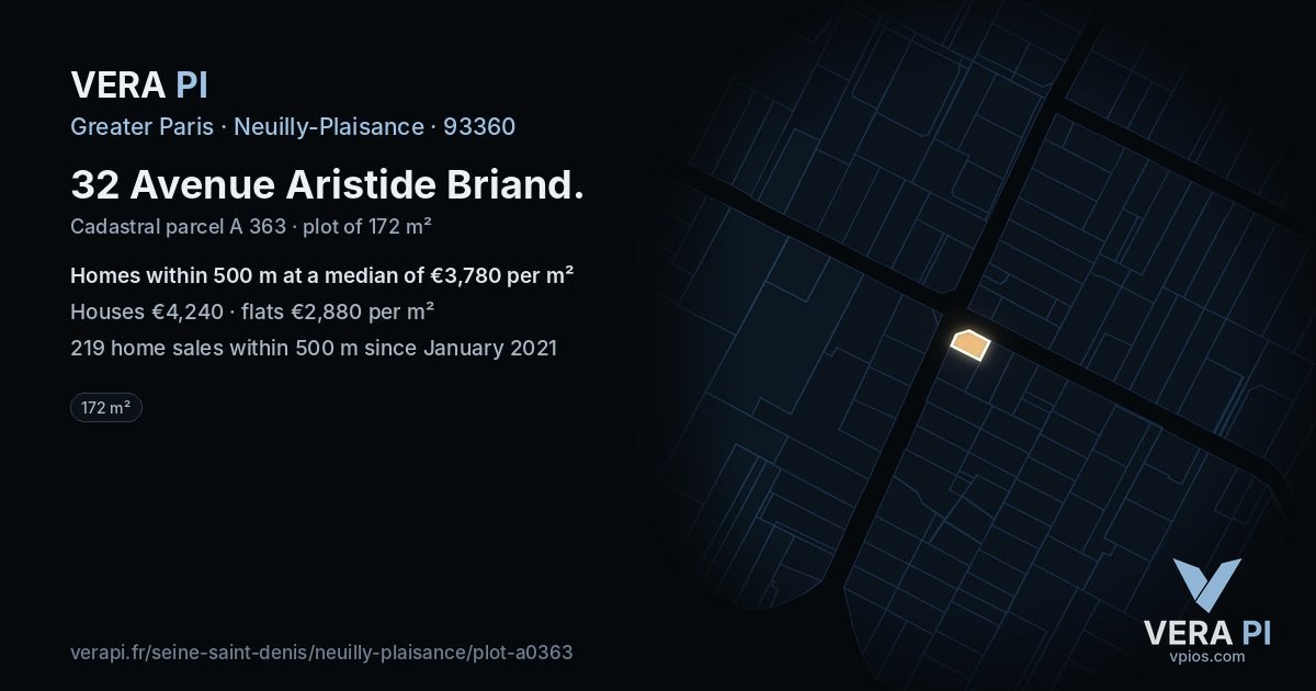 32 Avenue Aristide Briand, Neuilly-Plaisance at night – the plot lit, the parcels around coloured by the prices near them