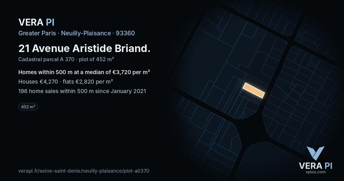 21 Avenue Aristide Briand, Neuilly-Plaisance at night – the plot lit, the parcels around coloured by the prices near them