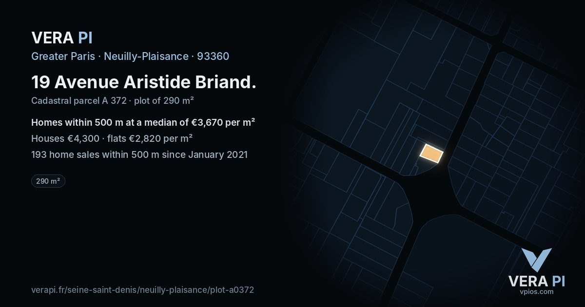 19 Avenue Aristide Briand, Neuilly-Plaisance at night – the plot lit, the parcels around coloured by the prices near them