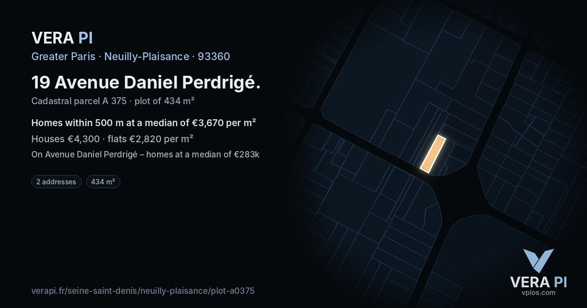 19 Avenue Daniel Perdrigé, Neuilly-Plaisance at night – the plot lit, the parcels around coloured by the prices near them
