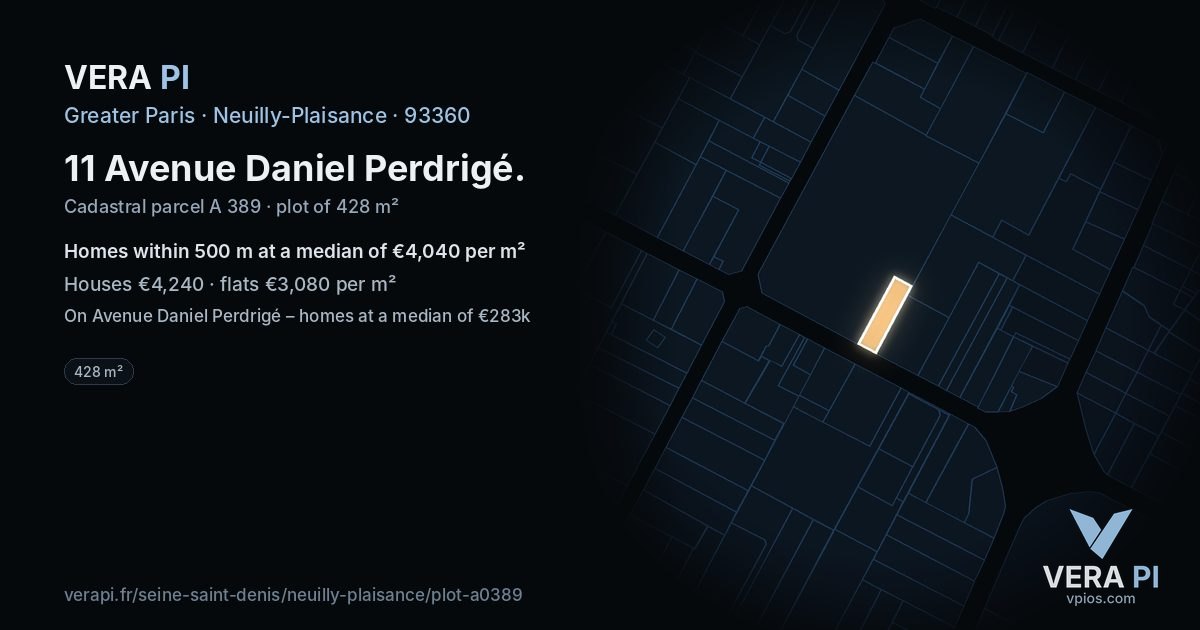 11 Avenue Daniel Perdrigé, Neuilly-Plaisance at night – the plot lit, the parcels around coloured by the prices near them