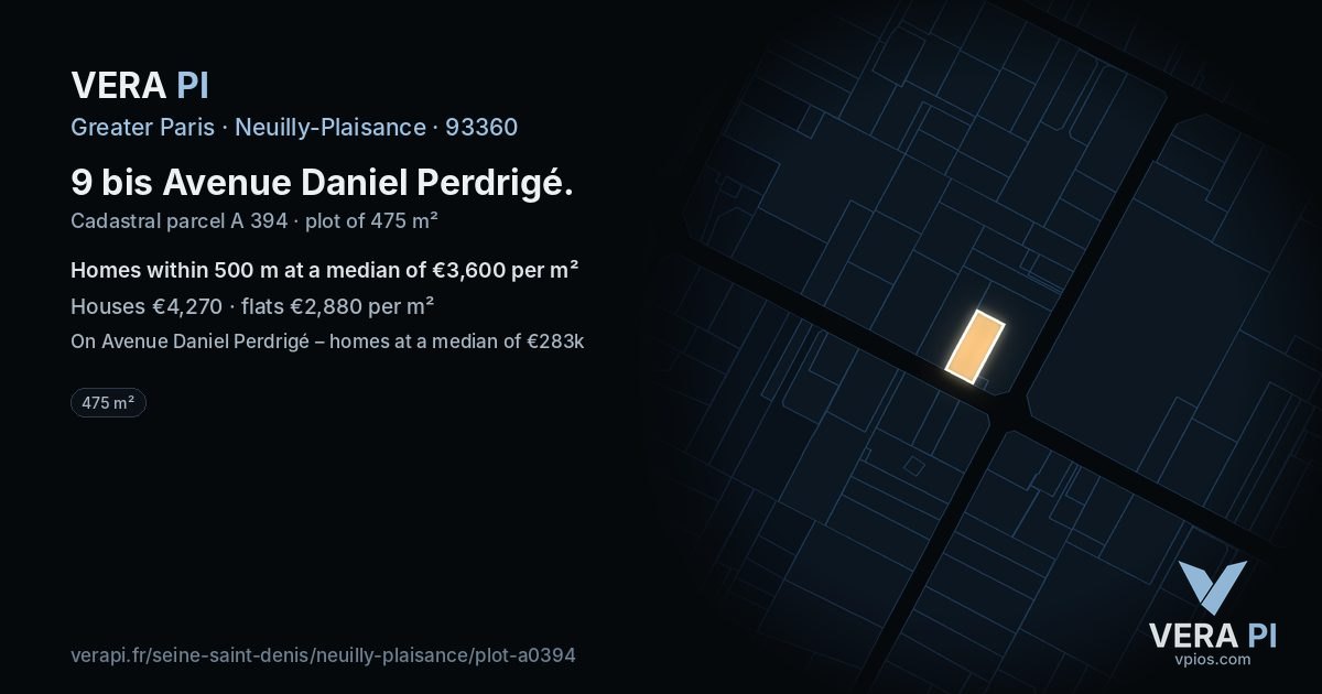 9 bis Avenue Daniel Perdrigé, Neuilly-Plaisance at night – the plot lit, the parcels around coloured by the prices near them