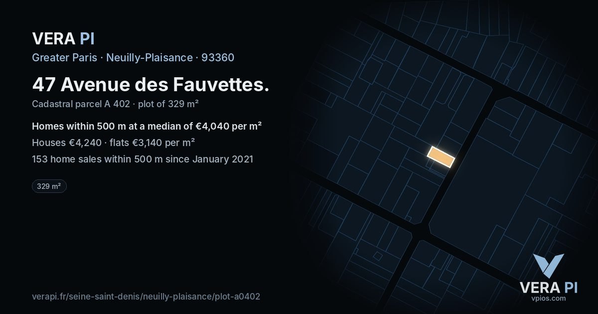 47 Avenue des Fauvettes, Neuilly-Plaisance at night – the plot lit, the parcels around coloured by the prices near them