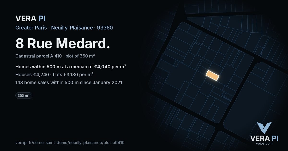 8 Rue Medard, Neuilly-Plaisance at night – the plot lit, the parcels around coloured by the prices near them
