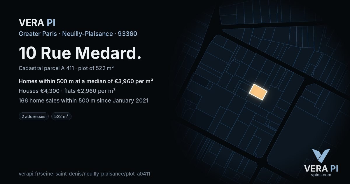 10 Rue Medard, Neuilly-Plaisance at night – the plot lit, the parcels around coloured by the prices near them