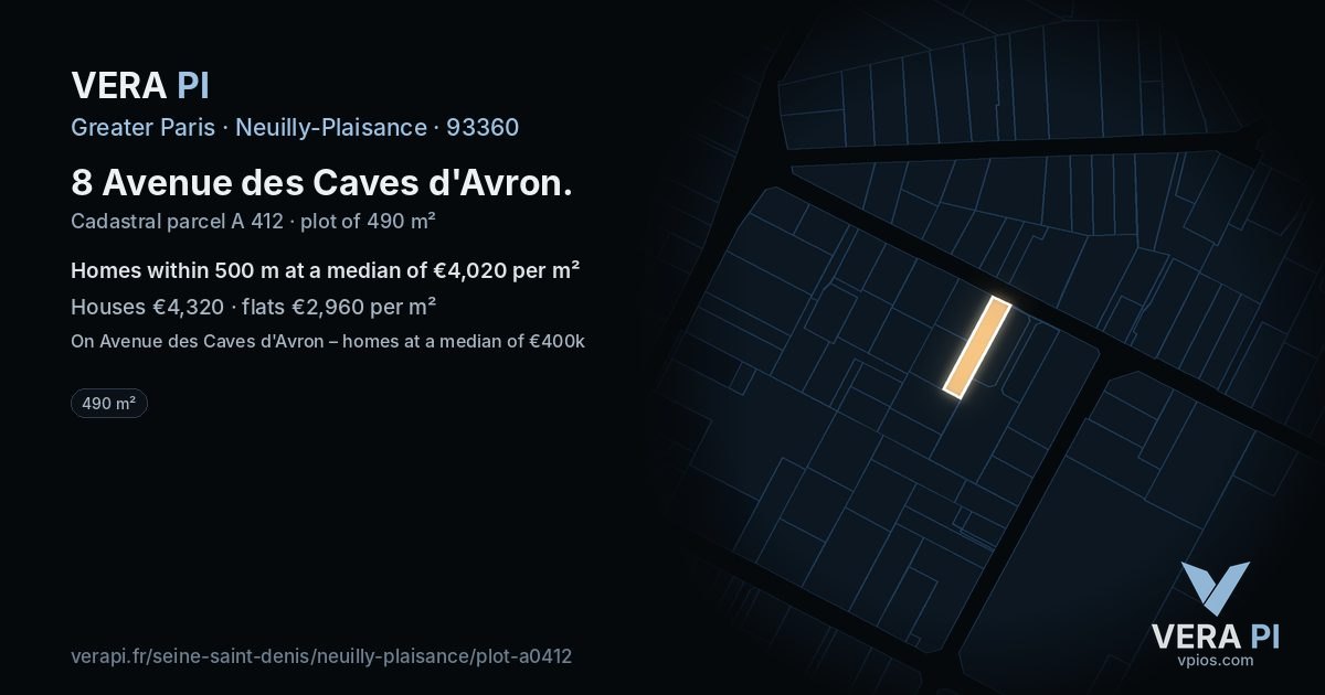 8 Avenue des Caves d'Avron, Neuilly-Plaisance at night – the plot lit, the parcels around coloured by the prices near them