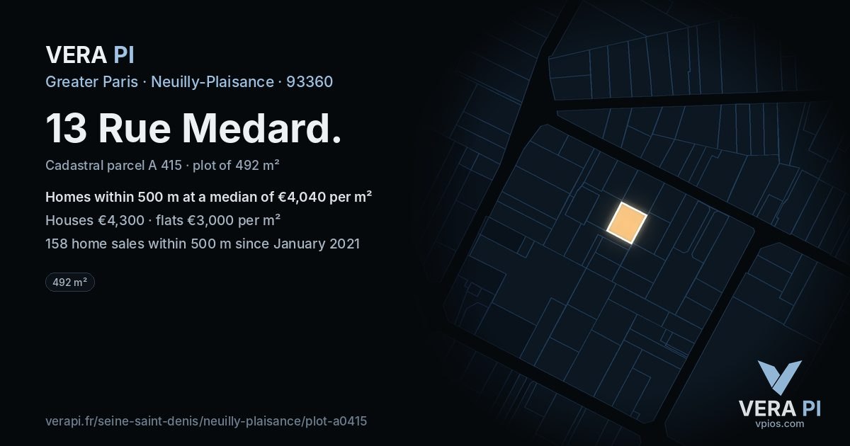 13 Rue Medard, Neuilly-Plaisance at night – the plot lit, the parcels around coloured by the prices near them